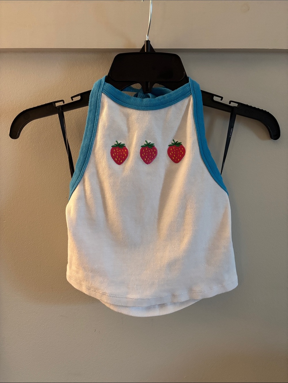 Forever 21 White Tank Top with Blue Trim and Red Strawberry Appliqués